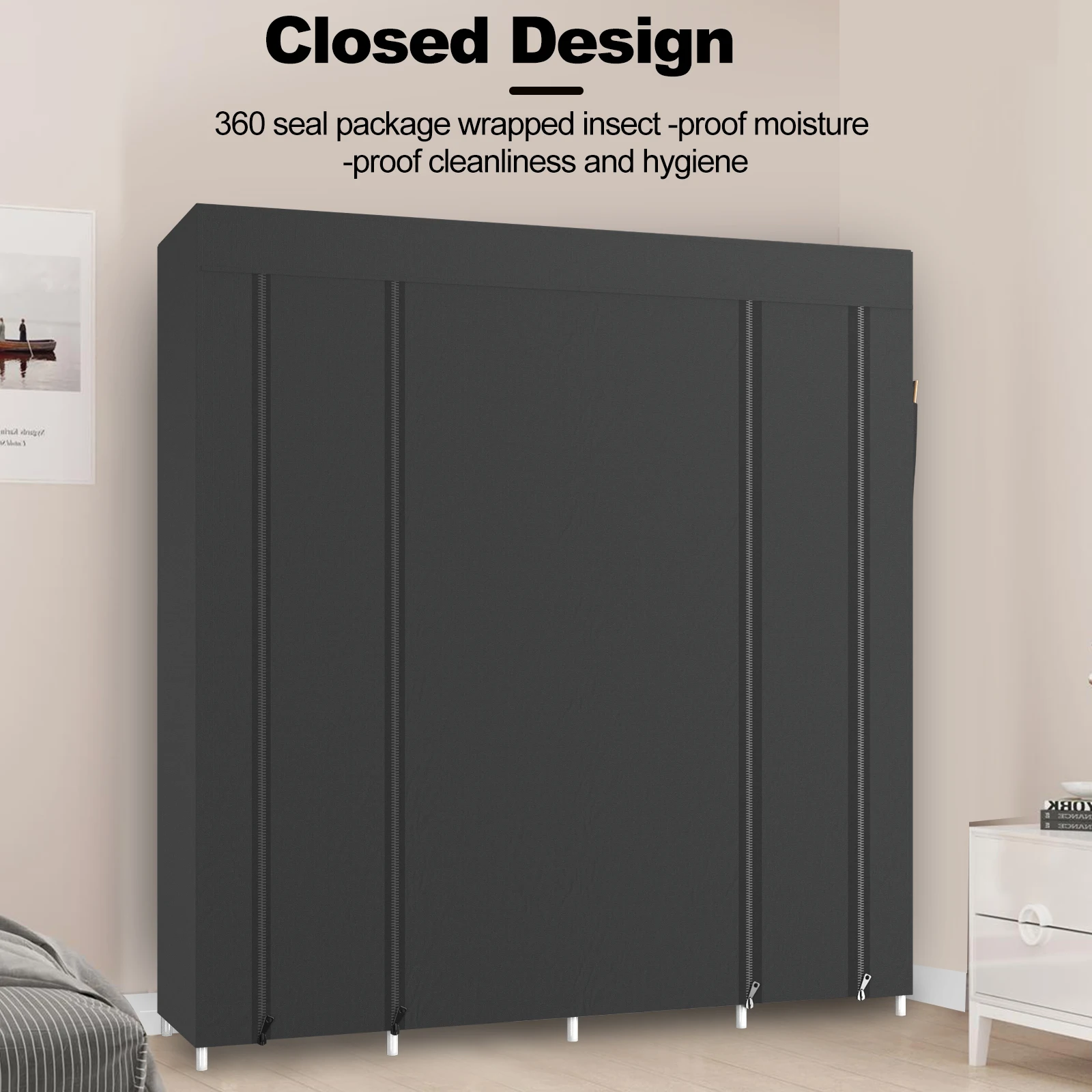 Canvas Wardrobe Clothes Closet Organizer with Hanging Rail, Portable Storage Cupboard for Bedroom, Durable Fabric Shelving