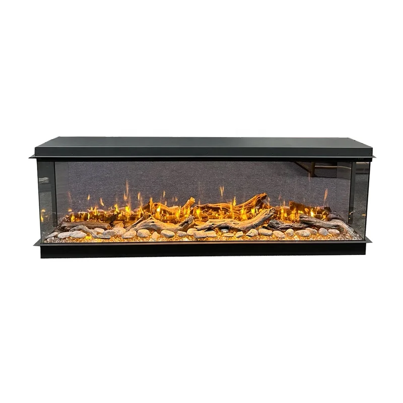 3-Sided Electric Fireplace, Mirrored 3D LED Fireplace Insert, Tempered Glass Heater for Media Wall, Heavy Duty 1.2mm Steel