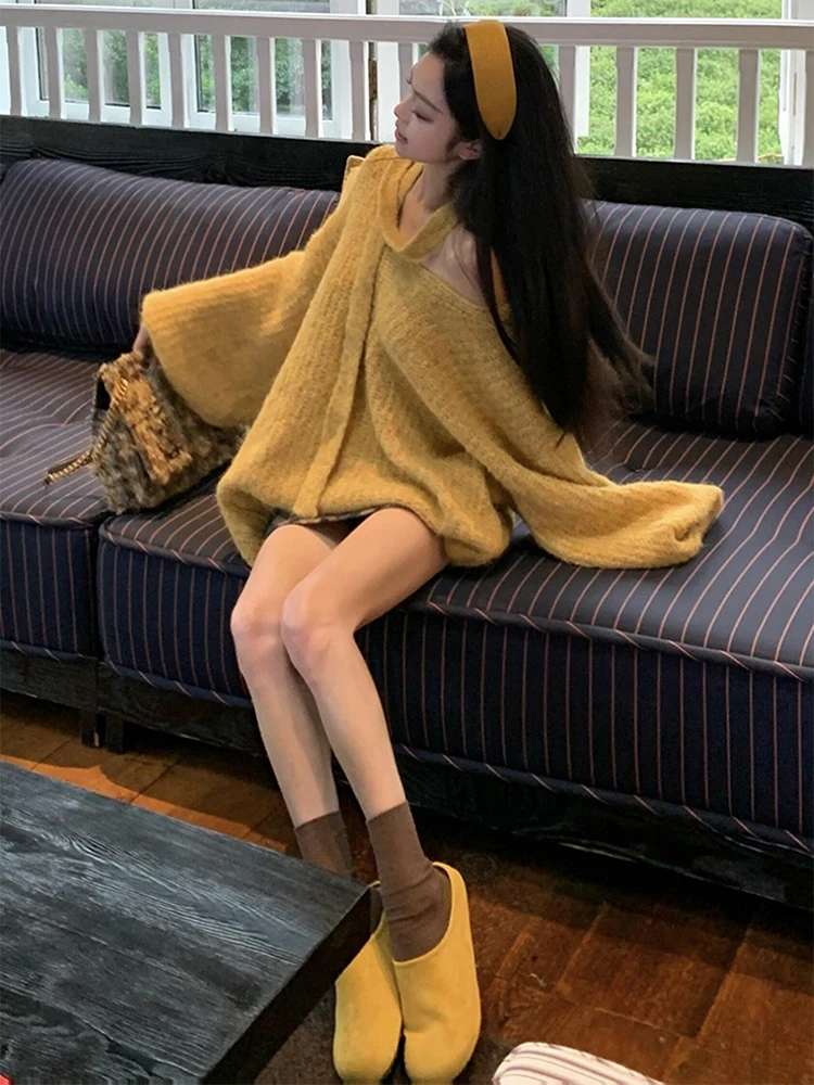 黄色のロングニットセーター レディース ゆったり ラフ スリーブレス デザイン 秋冬 韓国風 ルーズフィットトップ