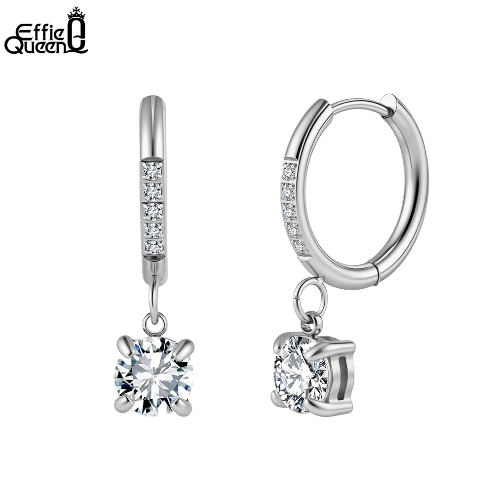 Effie Queen Stainless Steel Zircon Pendant Earrings White Zircon Drop Earrings Summer Fine Jewelry Trendy Gift For Women STKE17