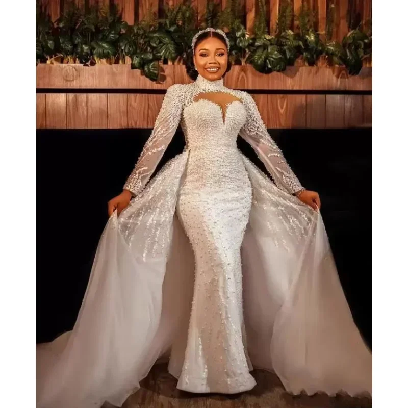 Customized Plus Size Mermaid Wedding Dresses Detachable Train Long Sleeve Luxury Pearls Lace Beaded African Aso Ebi Bridal Gown