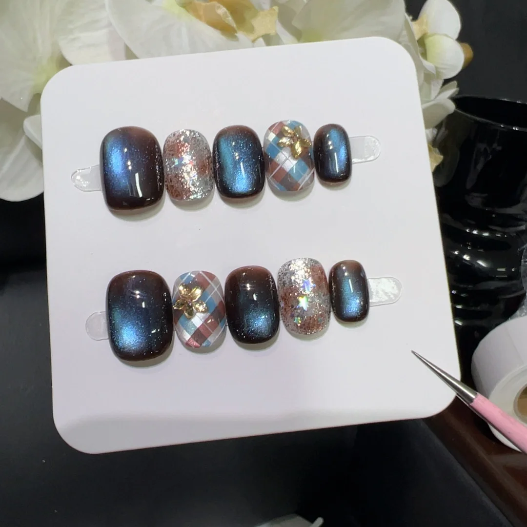 

10Pcs Blue Cat's Eye Handmade False Nails Flower Plaid Shiny Powder Press on Fake Nails Short Square Head Wearable Manicure Tips