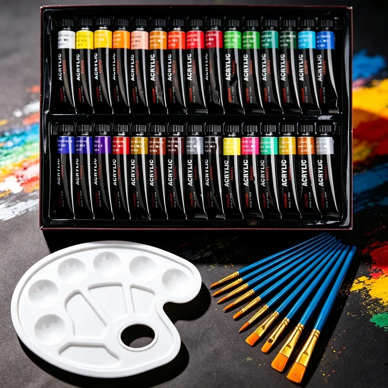 12/24/30 Colors 12ml Acrylic Paint Set with 10 Brushes & Palette,Pigment Tubes for Canvas,Stone,DIY Painting,Art Supplies