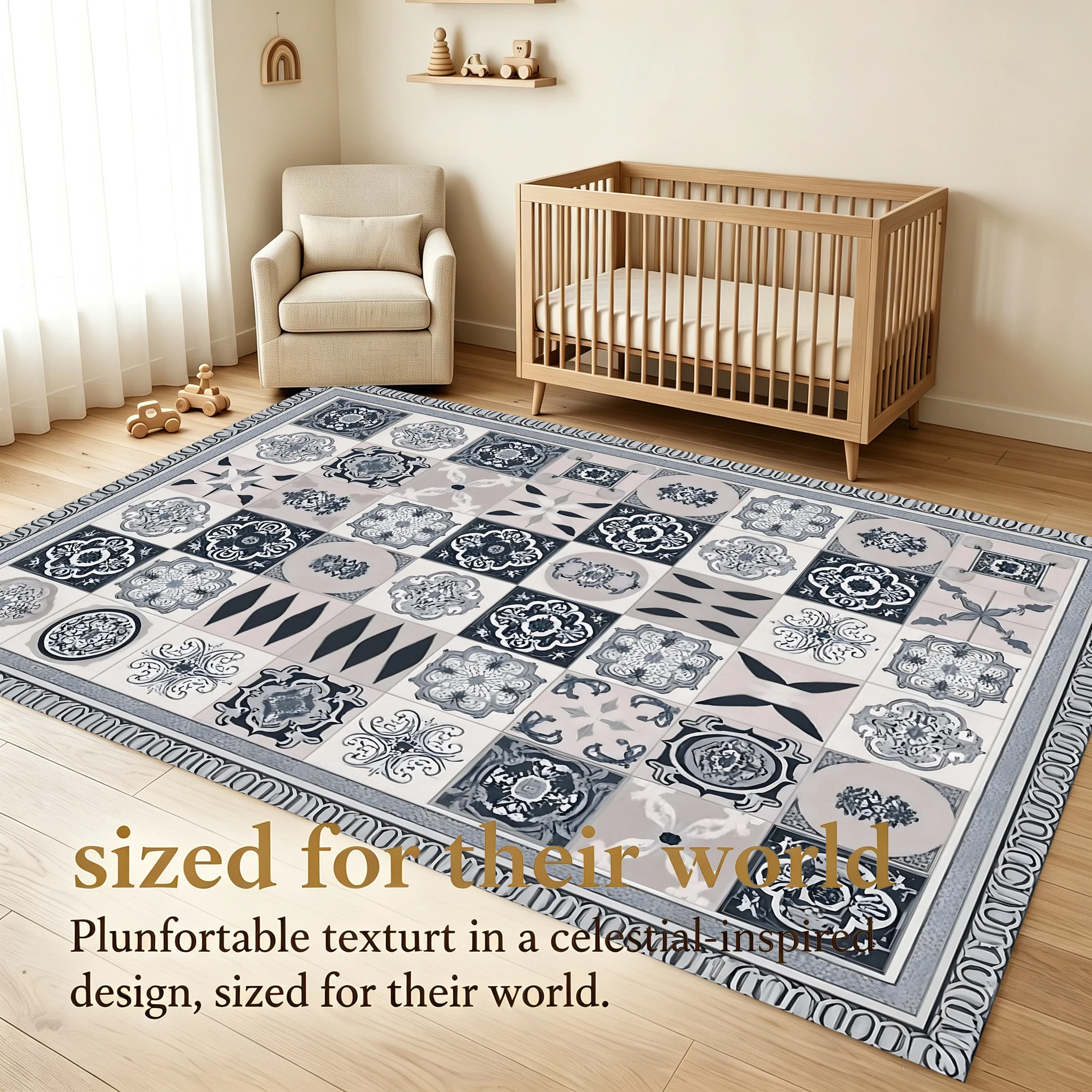 2D Large Carpet with Gray Retro Floral Tile Mosaic, European Retro Style, Suitable for Living Room, Bedroom, and Coffee Table, One-Click Renovation for Autumn and Winter Decoration