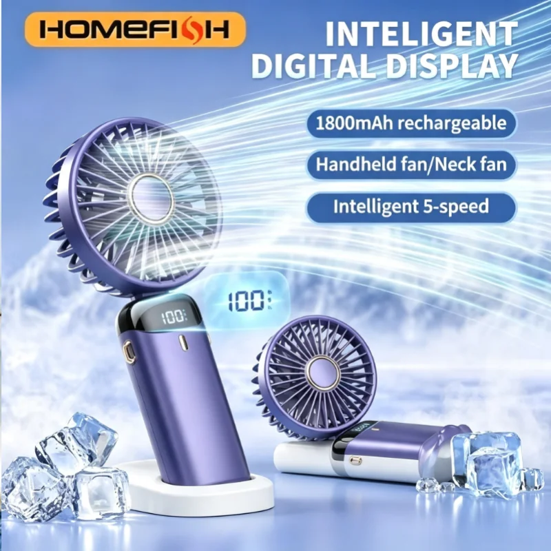 Rechargeable Handheld Mini Fan LED Digital Display 90° Adjustable 5 Speed Cooling Fan With Aromatherapy Base For Outdoor Office