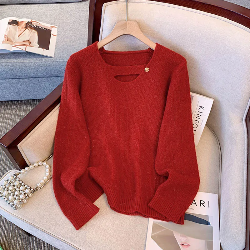 Basics Vintage Long Sleeves Elegant O-neck Chic Hollow Out Loose Sweater Top Korean Office Lady Autumn Winter Plus Size Clothing