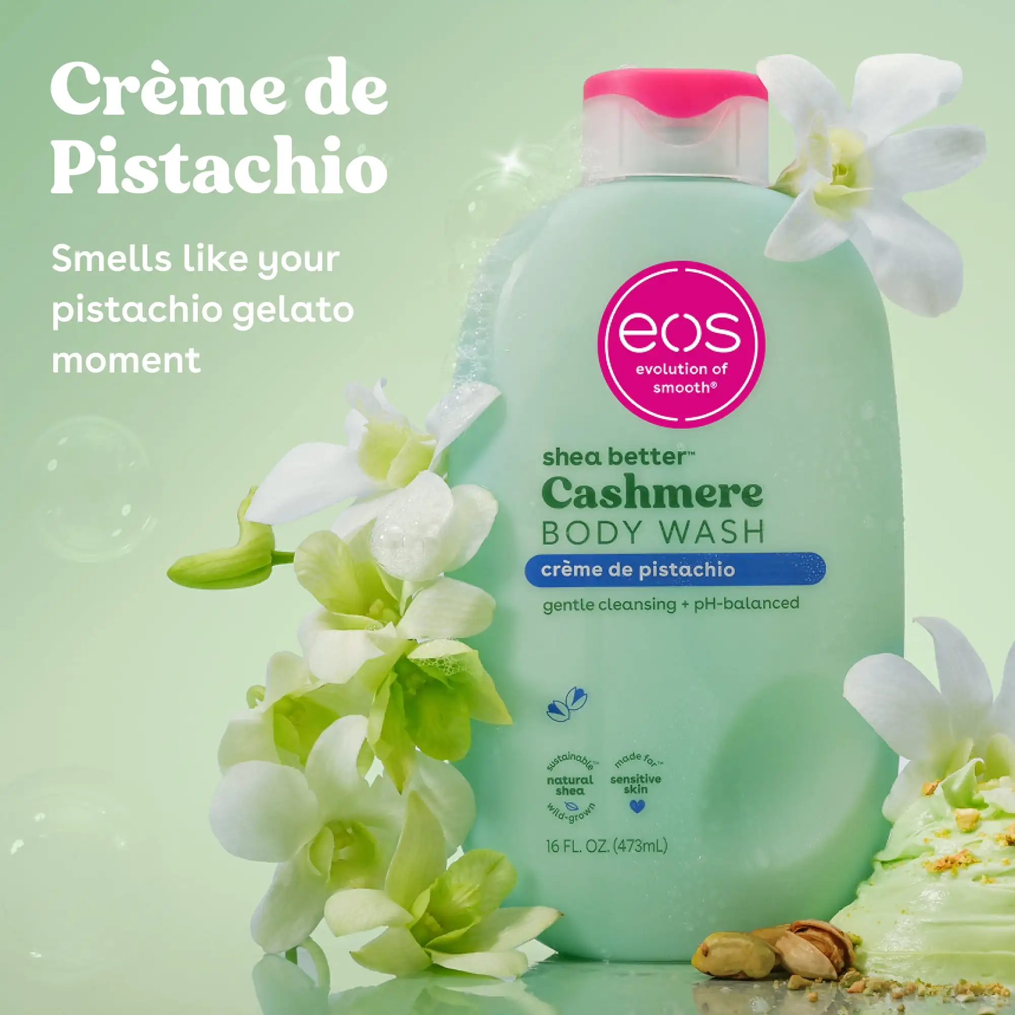 16 fl oz Creamy Gel Crème de Pistachio Cashmere Body Wash, eos Shea Better Series
