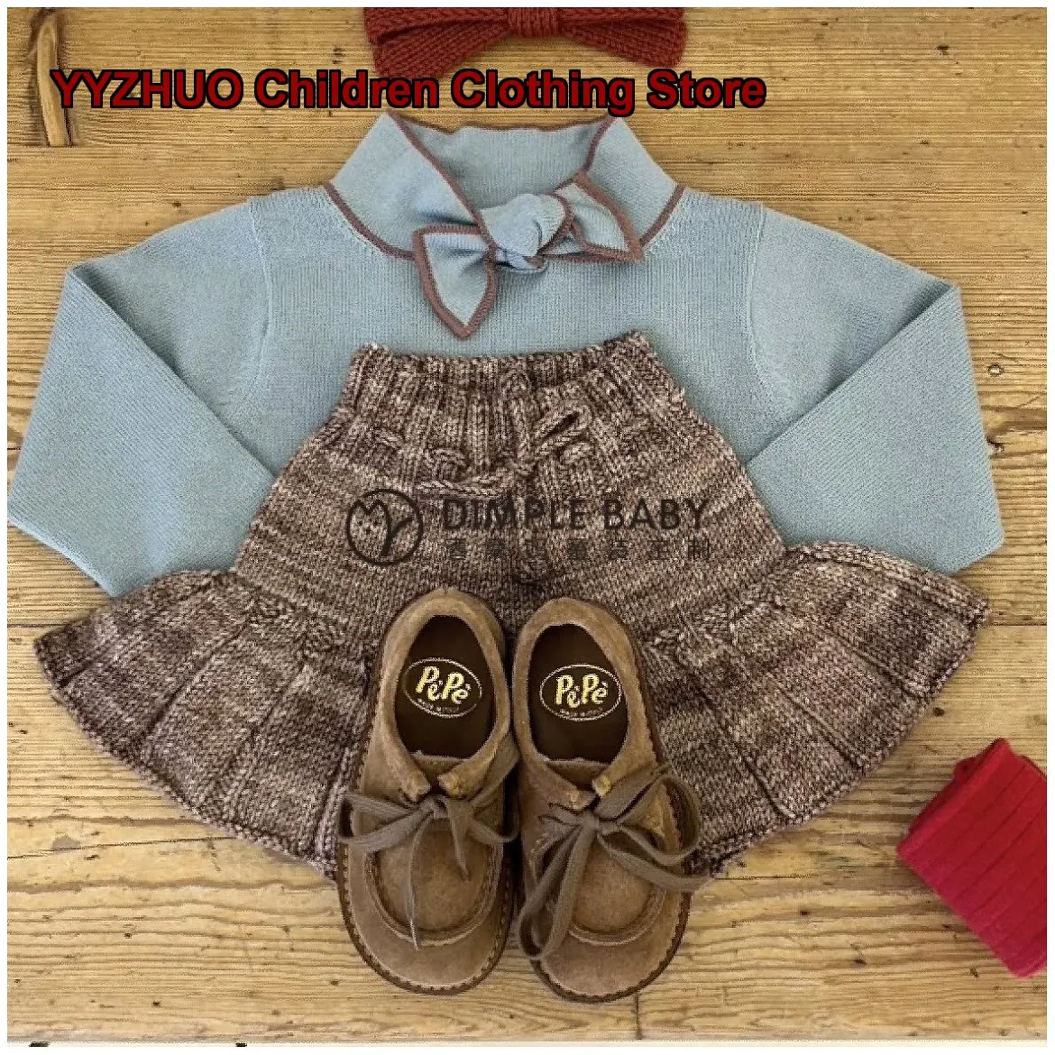 25AW Autumn Winter Homemade Children Bow Tie Knit Pleated Skirt Pants Multicolor Blend Dye Kids