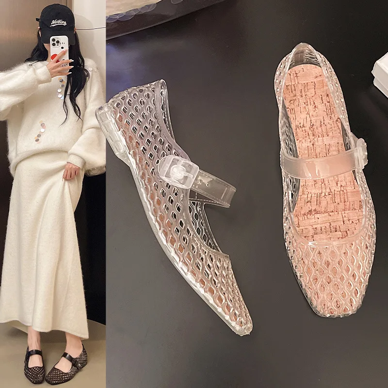 French hollow sandals for women's summer fashion with a single buckle and breathable flat bottom crystal sole