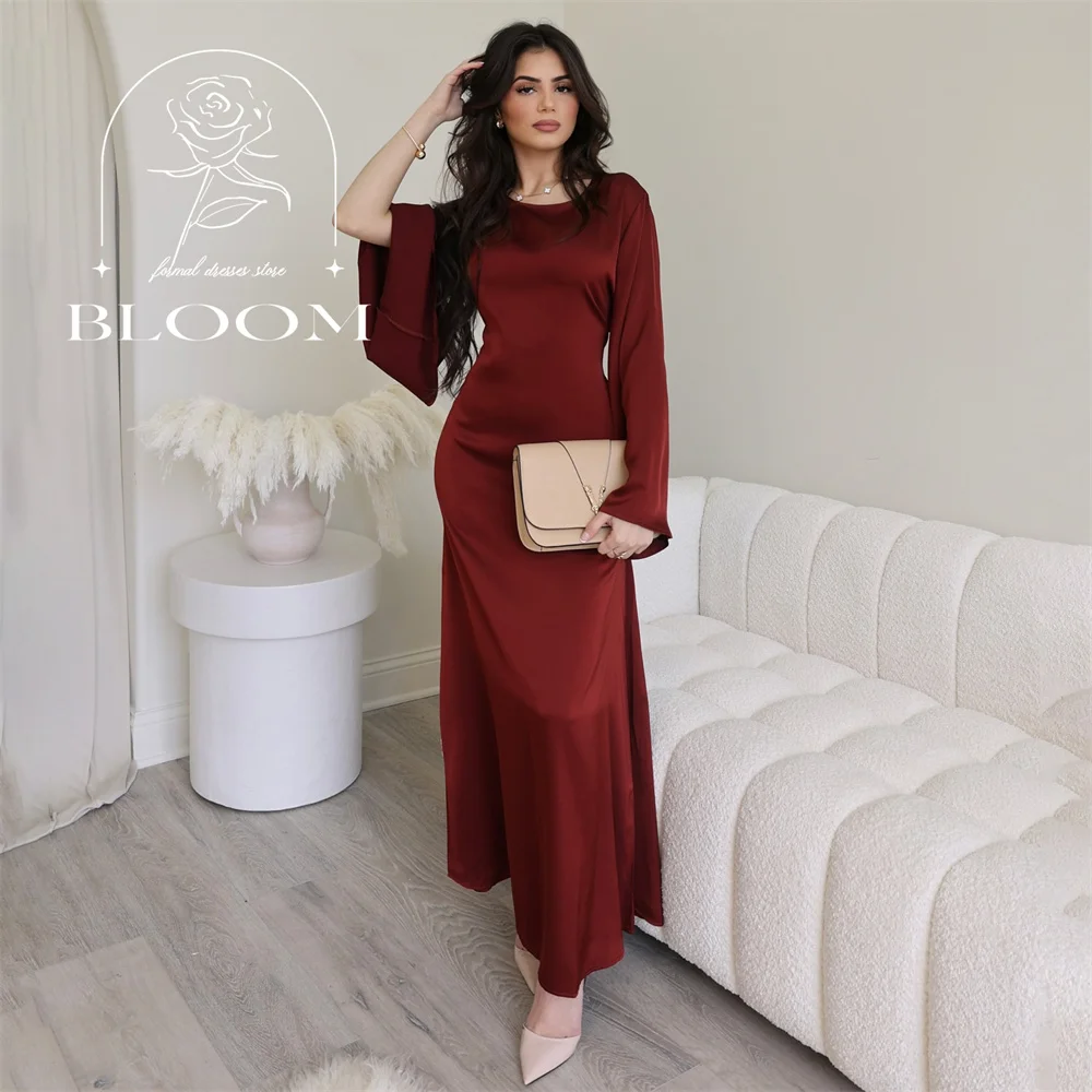 

Bloom Customized Straight Long Flare Sleeve Ankle Length Everning Gown O-Neck Simple Design Party Dress Elegant Newest Charming