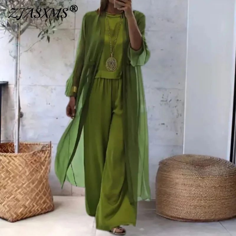 Autumn Solid Women Three Piece Outfits Elegant O Neck Top Pullover+Long Cardigan+Wide-leg Pant Sets Spring Straight Leisure Suit