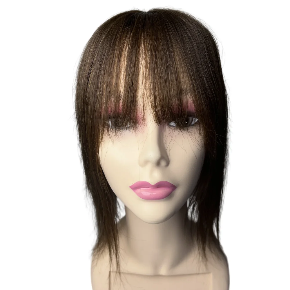 12x14cm 대형 레이스&PU 베이스 여성용 부분 가발 (실제 인모, 앞머리 포함, 스트레이트, 탈모 커버, 3개 클립, 착용 간편)