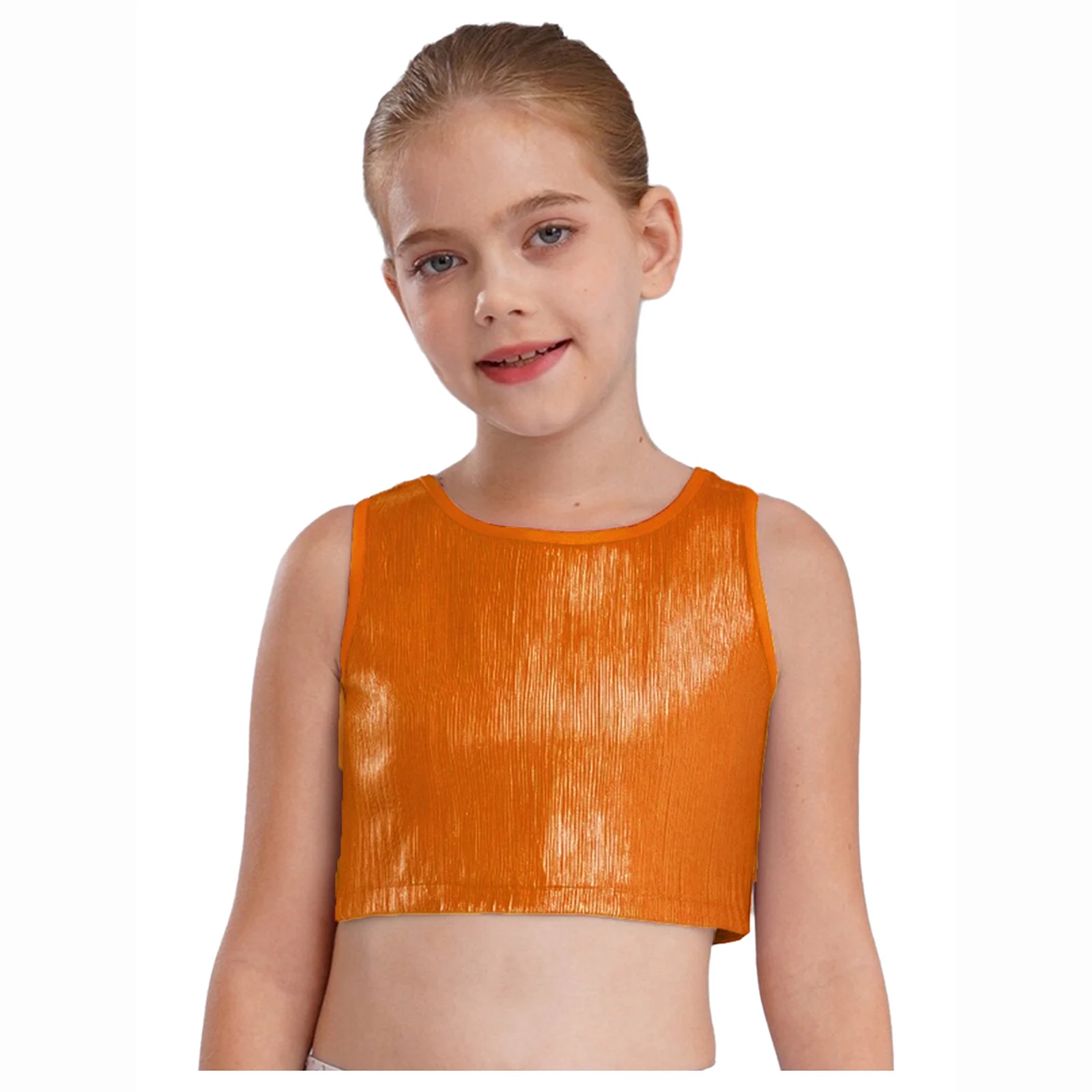 

Girls School Stage Performance Costume Round Neck Ballet Dance Top Jazz Dance Vest Sleeveless Metallic RibbedCrop Top Practice