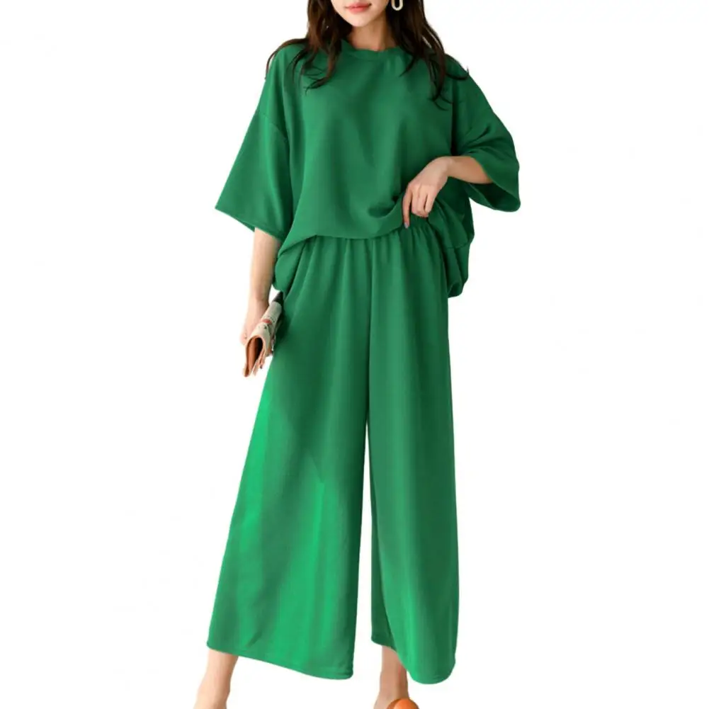 Women T-shirt Pants Set Stylish 2-piece Solid Color Lounge Wear Set Comfortable T-shirt Wide Leg Pants for Outfit High Waist