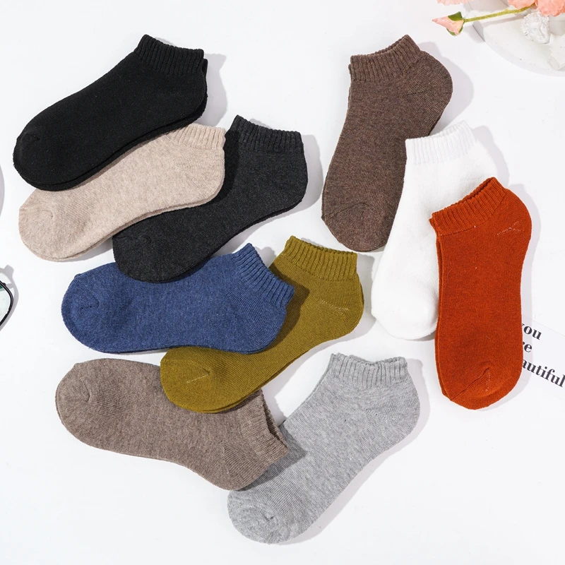 Winter New Ankle Socks Solid Color Towel Bottom Thermal Thick Japanese Vintage Womens Shallow Terry Low Cut Boat Socks