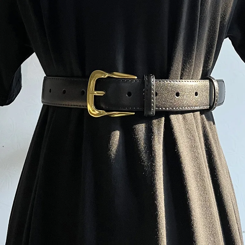 ニッチなヴィンテージレザーベルト-レディース-フレンチスクリュー-牛革製-スーツ・ジーンズ用ベルト