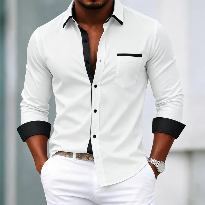 Men's shirt long sleeved shirt color blocking design solid color slim fit pocket decoration outdoor casual men's top XS-6XL size
