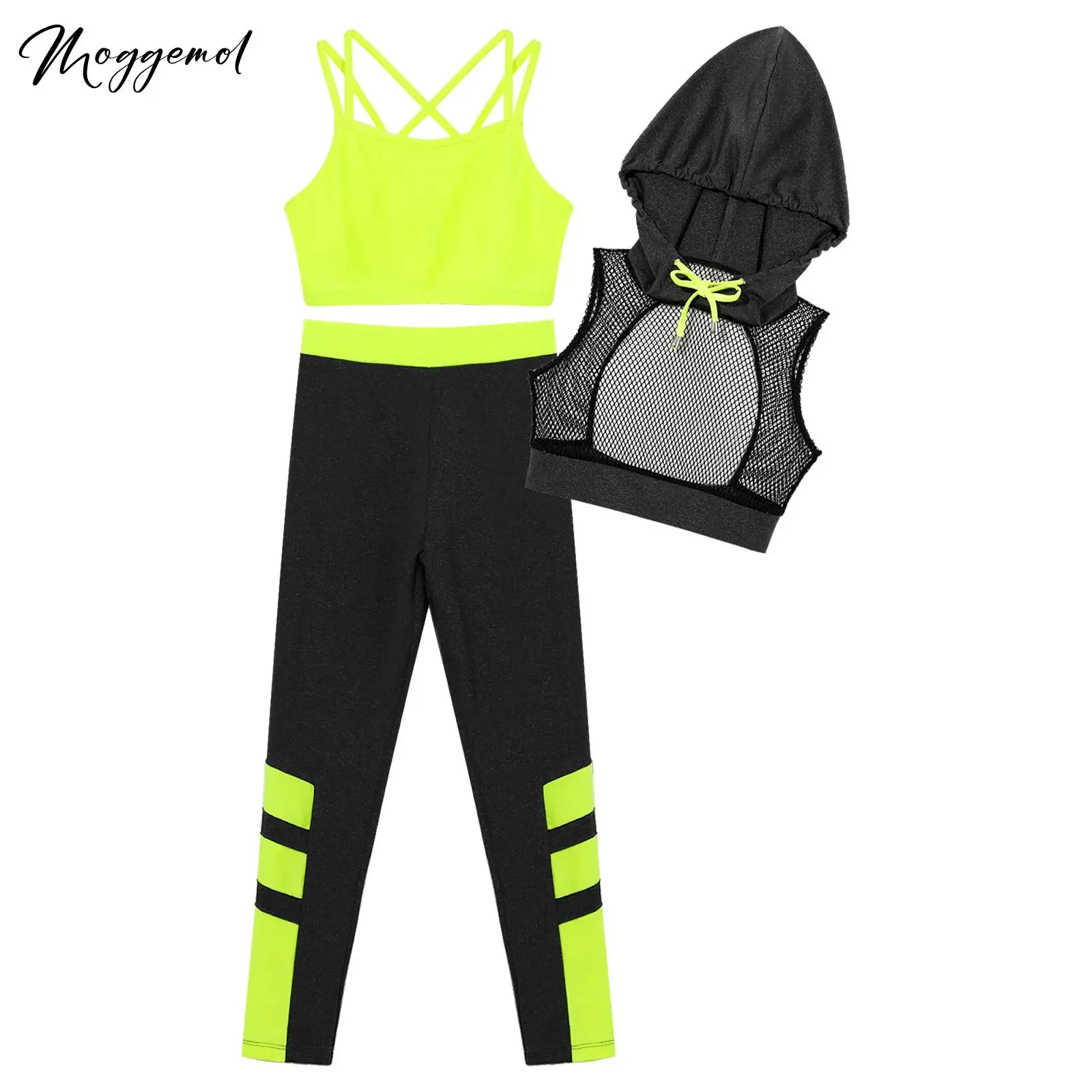 Kids Girls Jazz Set Hip Hop Dance Outfits Athletic Sportswear Gymnastics Suit Hooded Net Cover Up Tops with Crop Tops And Pants