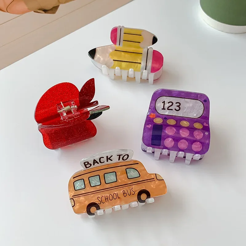 New Cute Cartoon Car Hair Claw Acrylic Pencil School Bus Phone Crab Hair Clip Student Hairpin Hair Accessories for Women Girl