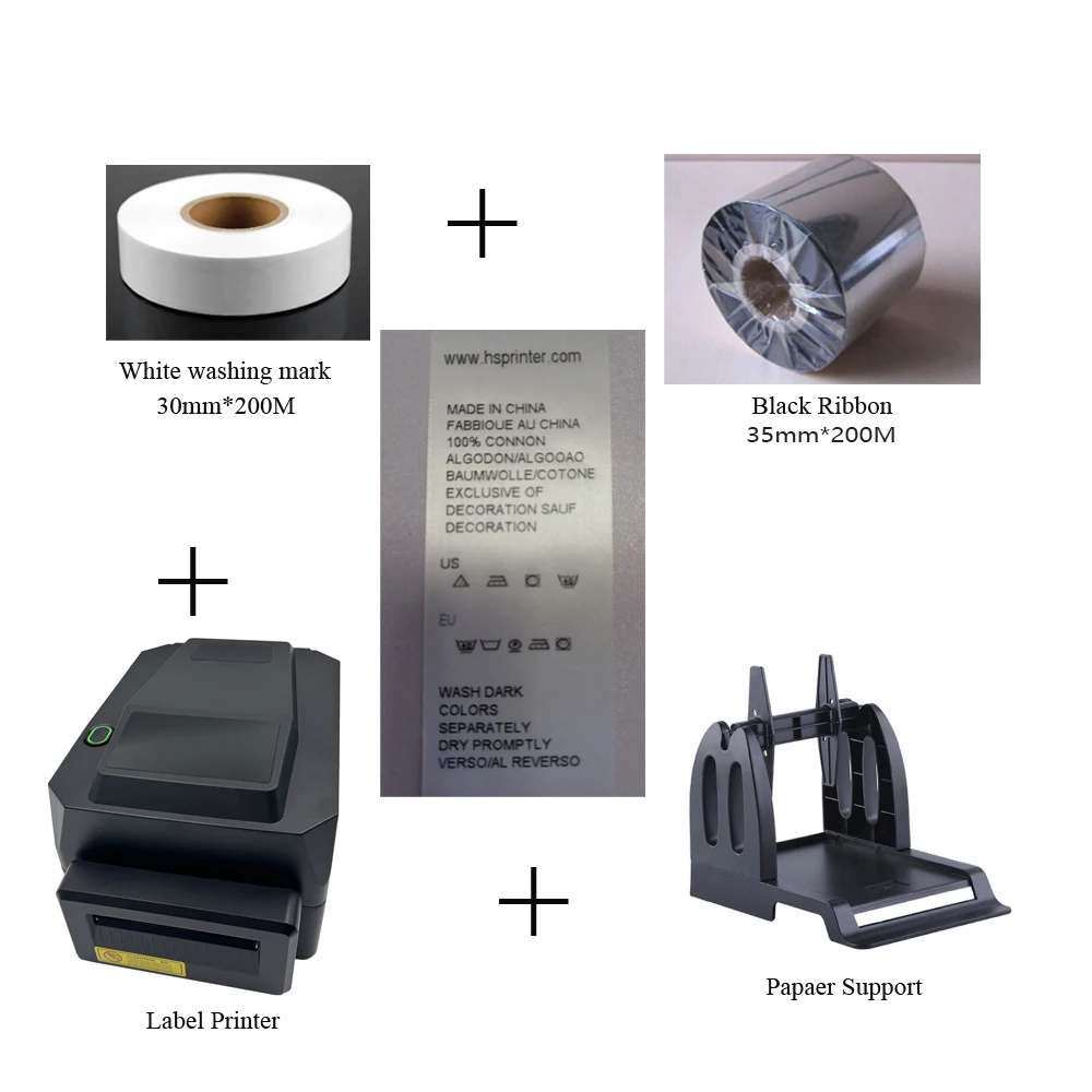 200DPI New 4inch Thermal Transfer Label Printer 110mm Washing Care Label Printer for Clothing with Label Roll and Ribbon No Cut