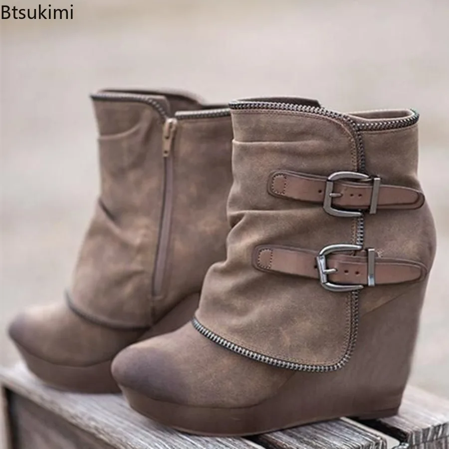 New Women's chunky Boots Zip High Heels Suede Fashion Wedge Heels Durable Retro Women Ankle Boots Round Head Bottes Ladie Shoes