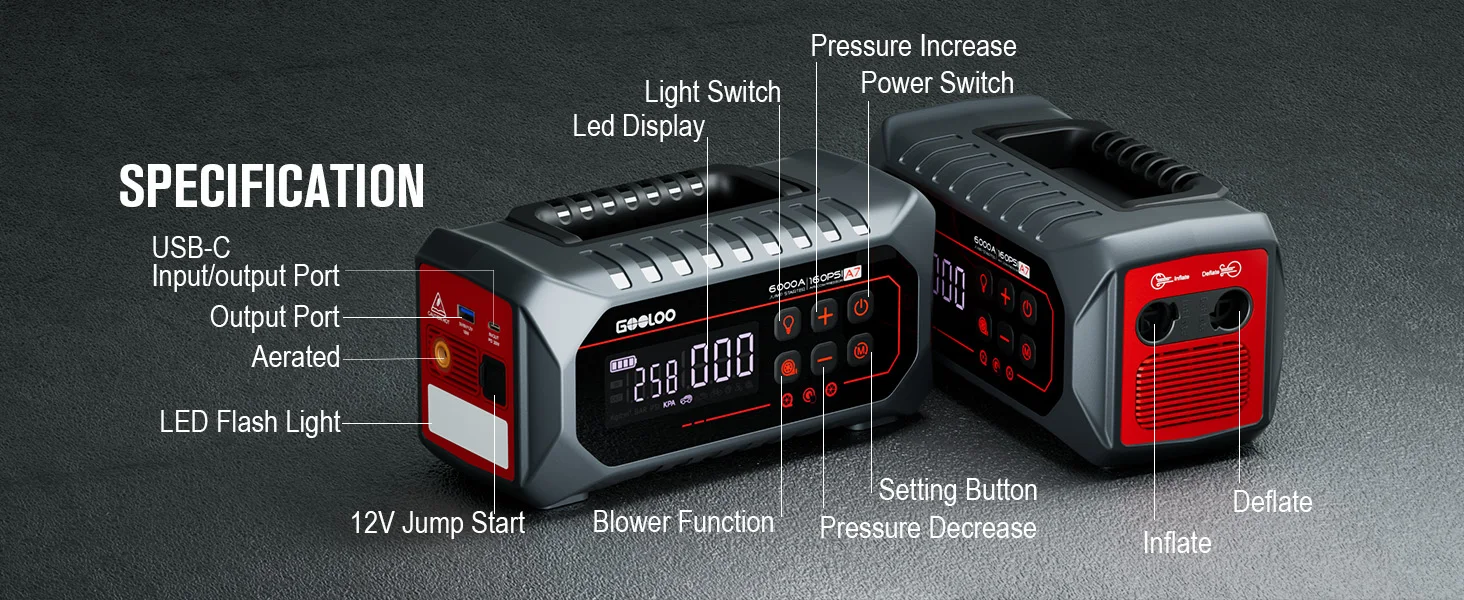 GOOLOO 24000mAh Tragbarer Starthilfe-Powerbank mit 160PSI Luftpumpe, 12V Auto-Booster für Benzin- und Diesel-Fahrzeuge, Batterie-Starter und Powerbank für Fahrzeugmotoren – Detail 15