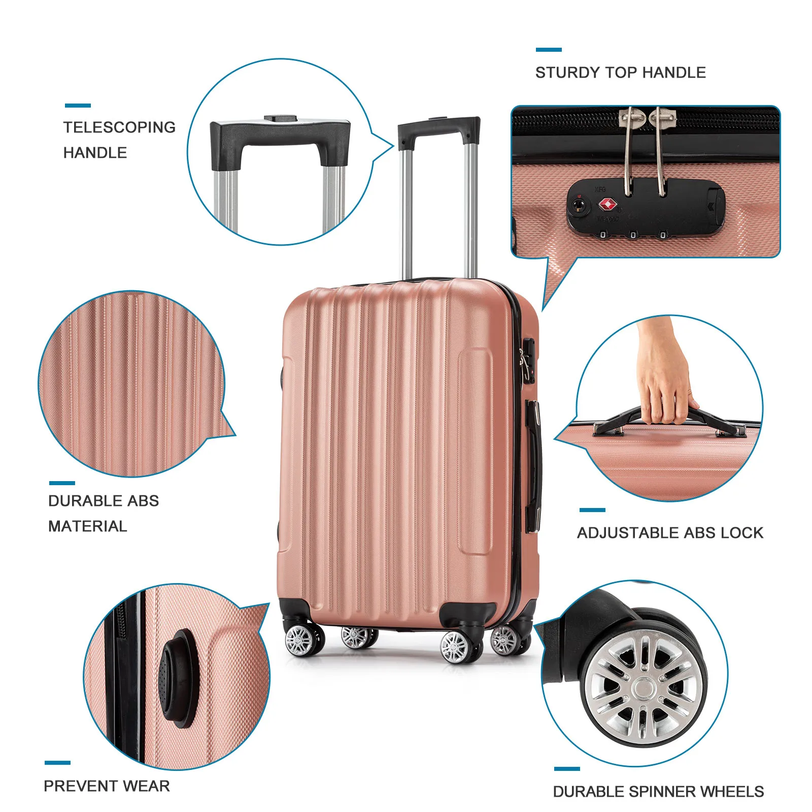 Vertical pattern four-in-one universal wheel with handle trolley case，ABS aluminum alloy trolley fashion color - rose gold