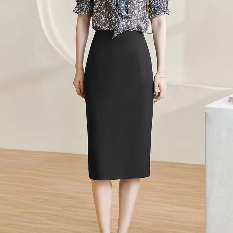 Business-Anzugrock, hohe Taille, figurbetont, knielang, Mantel, gerader Schnitt, Arbeit, Aosphere, Midirock, Polyester-Spandex-Mischung