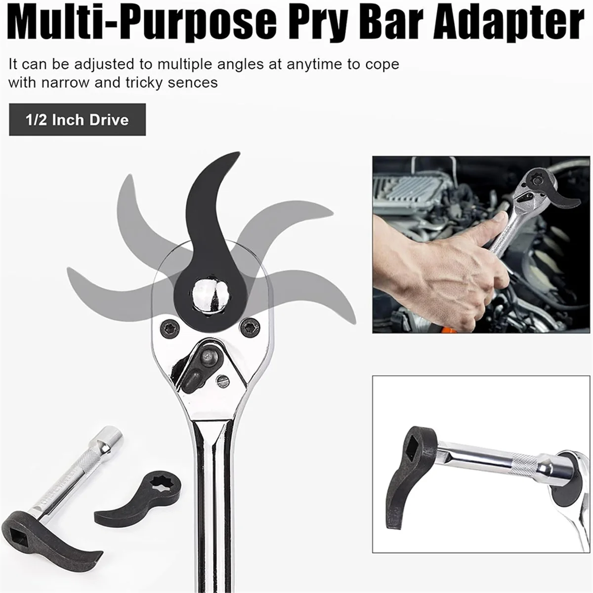 

AA98 Wrench Adapter - Adjustable Indexing Pry Bar Adapter for 1/2 Inch Drive Ratchet, 4 Piece Pry Bar Adapter Tool