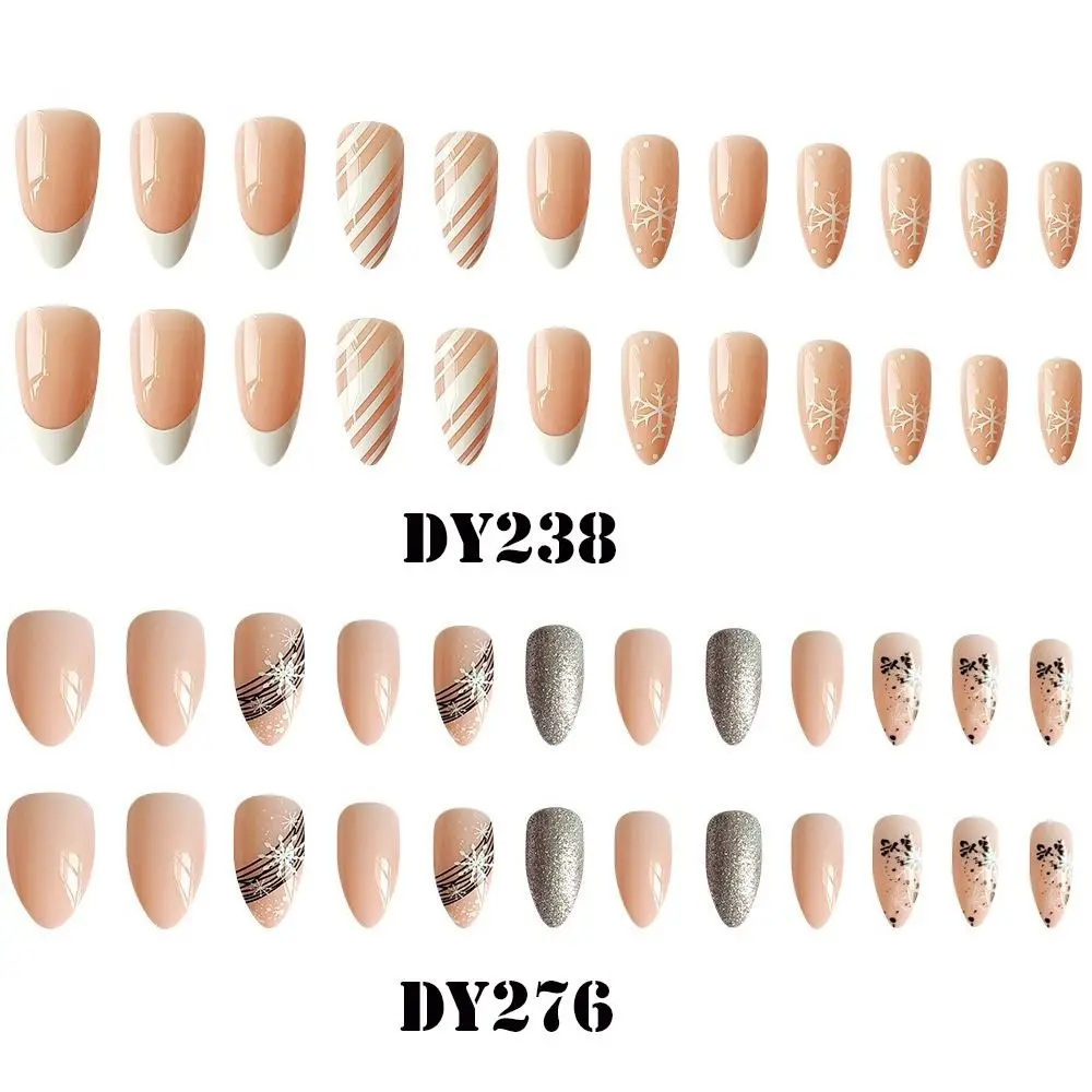 24 szt. Naklejane paznokcie pełne pokrycie płatki śniegu długie migdałowe sztuczne paznokcie świąteczne