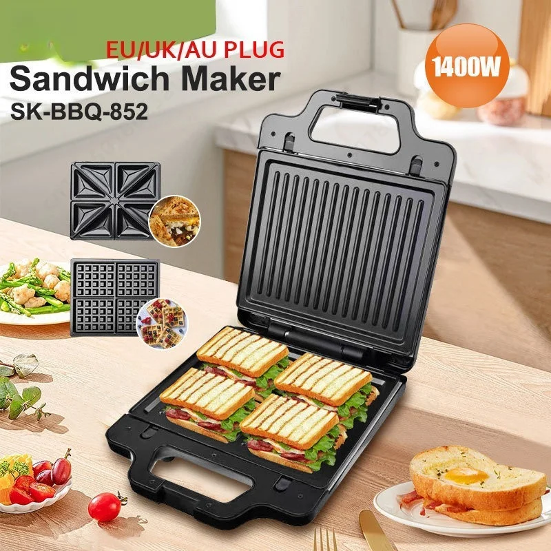 3 In 1 Interchangeable Plate Breakfast Maker High Power Stainless Steel Machine For Toast Steak And Waffle Baking