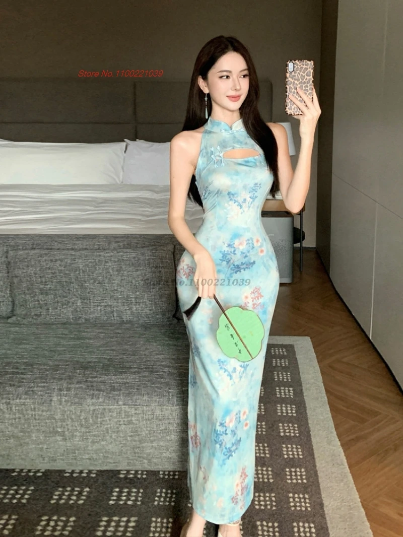 

2026 chinese sexy qipao sleeveless cheongsam vintage flower print qipao traditional nightclub banquet evening dress vestido