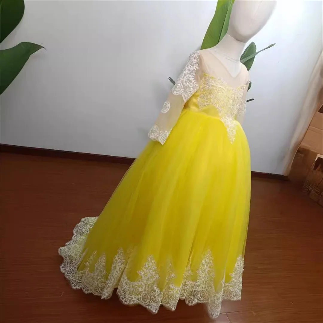 Communie Geel Tule Lange Mouw Bloemenmeisje Jurk Baljurk Kant Applique Feest Verjaardag Gezwollen Prinses Optocht voor kleine meisjes