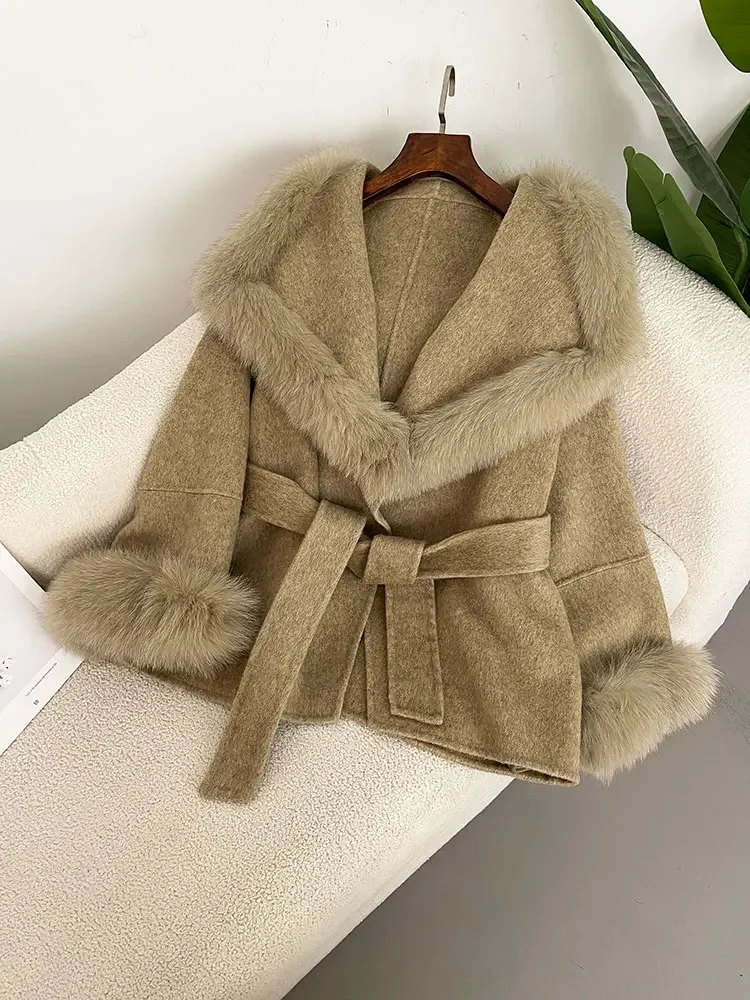 Wool Jacket 2024 Winter Jacket Women Natural Wool Blends Cashmere Real Fur Coat Double Breasted Belt Warm Streetwear New Fashion