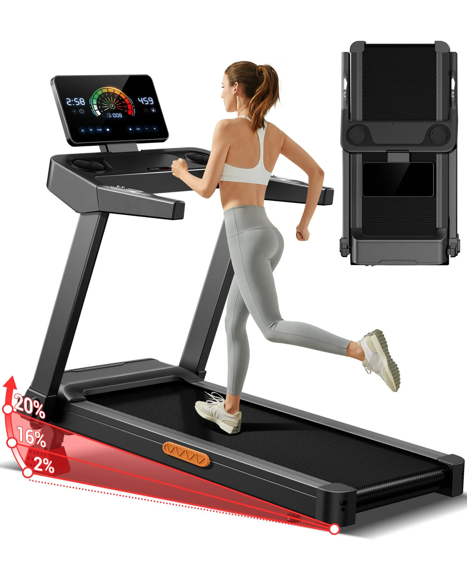 Tapis roulant pliable UMAY, 14 km/h, inclinaison manuelle à 20 %, capacité de charge de 180 kg, bande large, écran tactile LED, portable