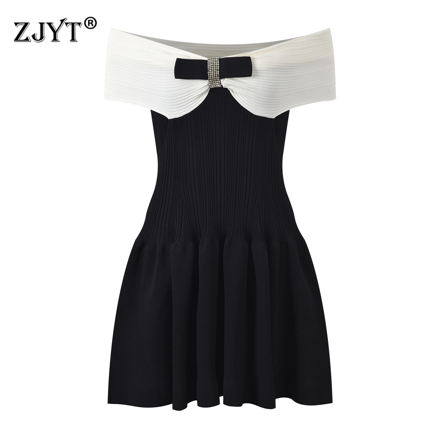 

ZJYT Elegant Women's Slash Nack Knitted Dresses Beading Bowknot Mini Black Evening Party Dress 2024 Sexy Prom Vestidos Female