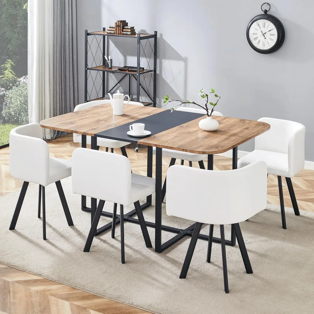 

Contemporary 7-Seat Dining Table with Upholstered Chairs, 60" Wooden Dining Set for Home and Apartment Use