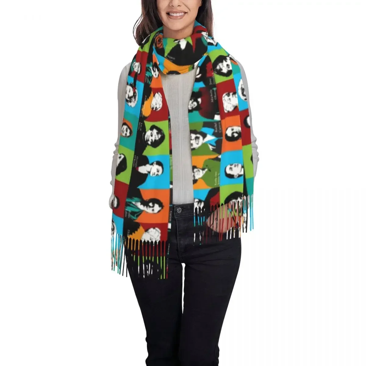 وشاح نسائي دافئ ناعم أيقونات نسوية أوشحة رأس مع شرابة فتاة قوة شال غير رسمي ملفوف باندانا جرافيك شتوي