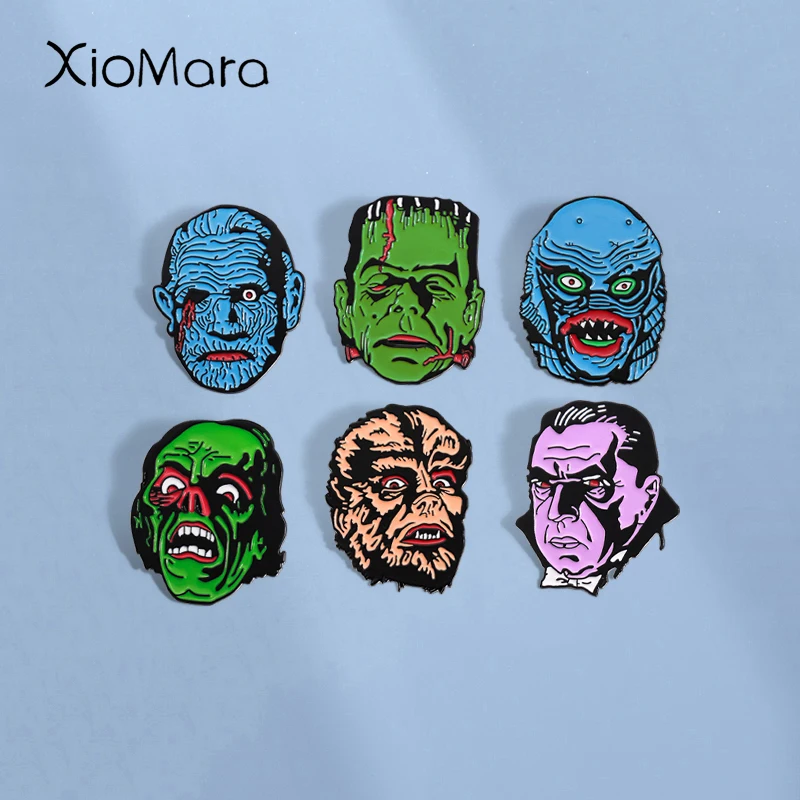 Halloween Monster Head Enamel Pins Custom Horror Movies Brooches Lapel Badges Clothes Punk Gothic Jewelry Gift for Friends