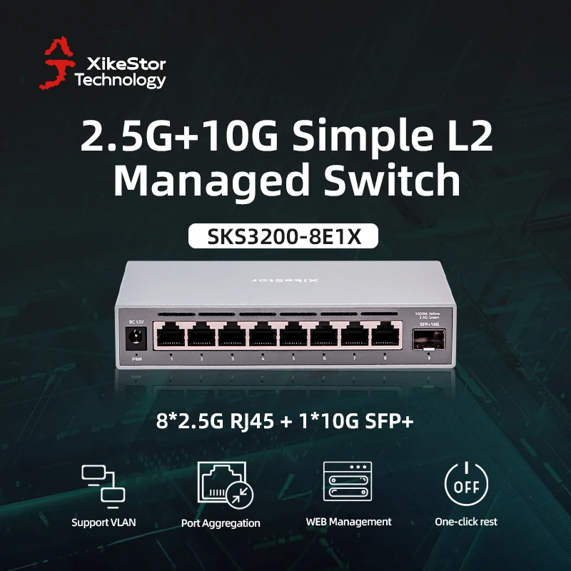 XikeStor New 2.5G Simple L2 Managed Switch 8 Ports 2.5G RJ45 & 1 Port 10G SFP+ Ethernet Switch Support VLAN / Port Aggregation