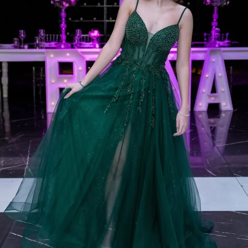

Customized dark green Quinceanera Dresses Off the Shoulder pearl decal Lace Tull Long tail Vestido 15 Quinceanera