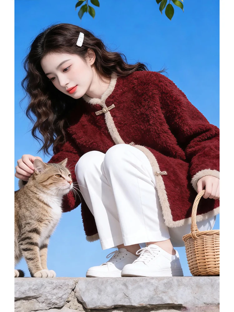Elegant Chinese Style Short Jacket Women's Lamb Fur Stand Collar Coat Button Embellished Winter New Arrival Breathable Ladies...