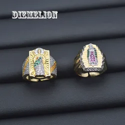 Vintage Catholic Two-Tone Plated Multicolor Zircon Virgin Mary Rings for Men Women Christian Style Luxury Party Jewelry