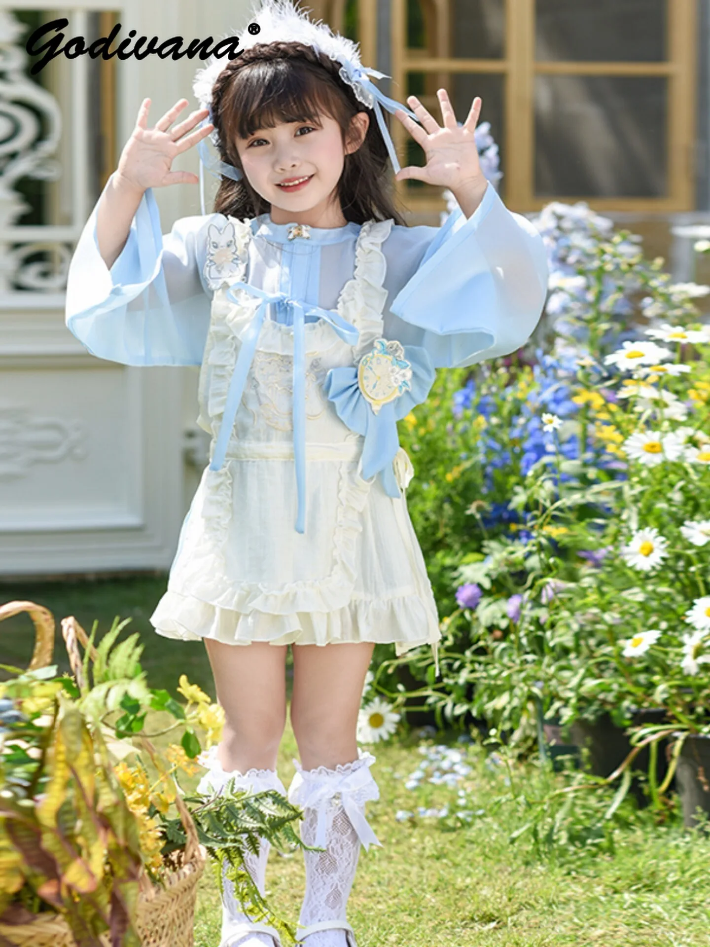 Summer New Baby Girl Chinese Hanfu Princess Lolita Cake Dress 3pcs Sets Childrens Mesh Long Sleeve Lace Trim Embroidery Sundress
