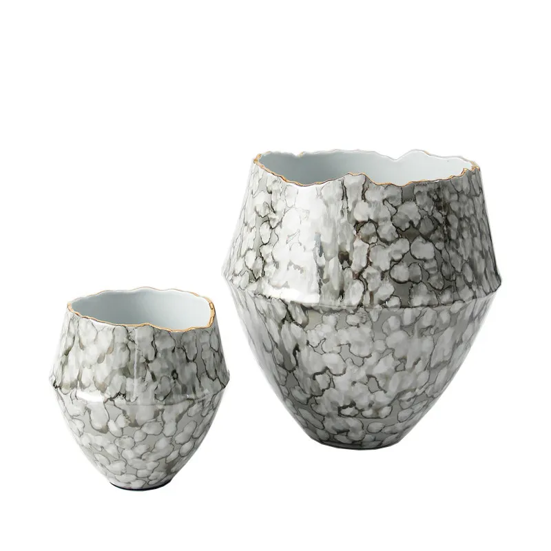 New Chinese-style simple ink smudging ceramic vase ornament modern model room living room entrance gold-painted flower
