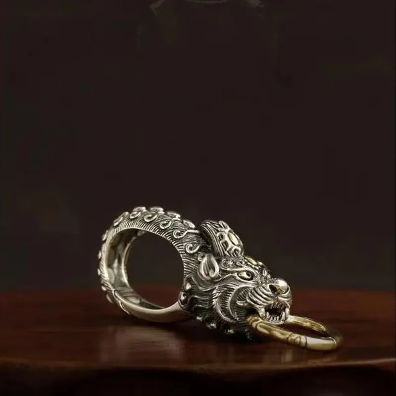 Pure Silver Punk Personality Creative Gift Buckle Lucky Pixiu Elephant Metal Key Ring Pendant