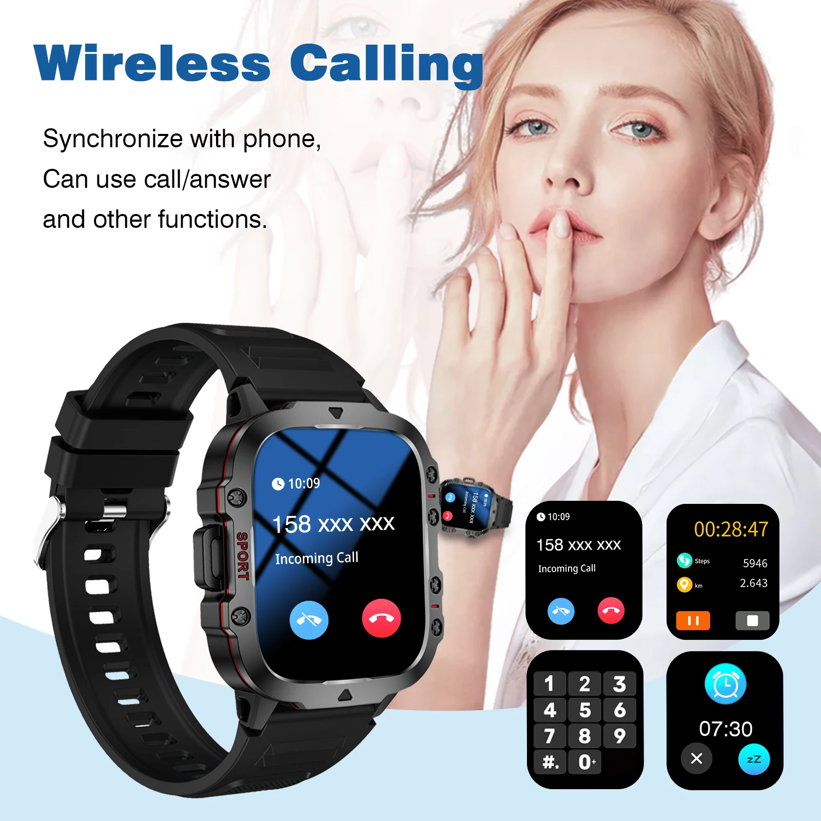 Smart Watch With Flashlight Function, Wireless Calls, Message Reminders, Suitable For Iphone And Android Phones