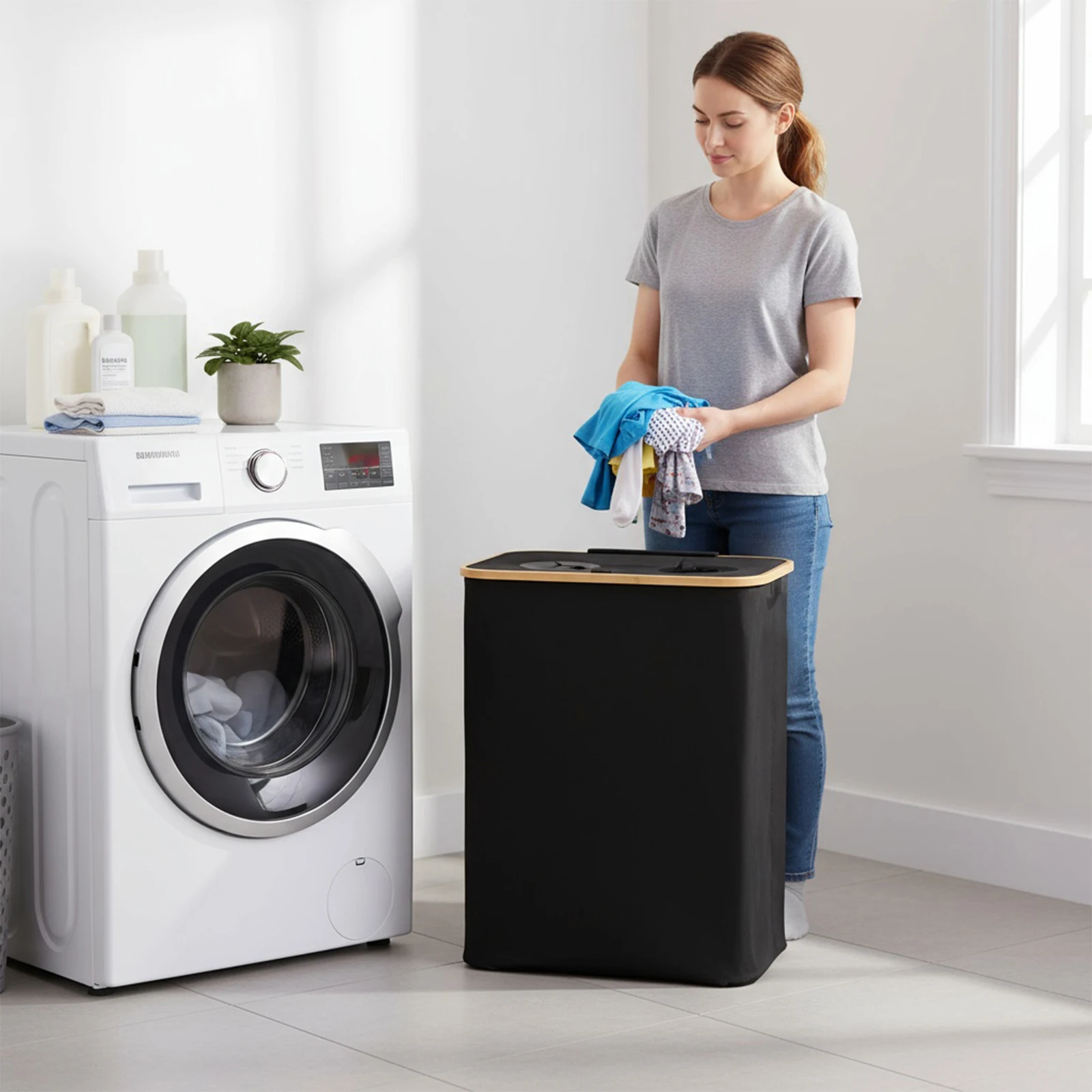 

140L Foldable Oxford 2 Sections Storage Basket with Lid Large Dual Laundry Basket Removable Bag for Living Room Bathroom Bedroom