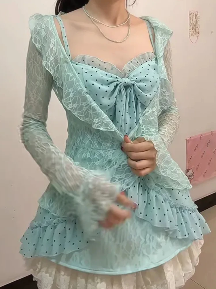 Japanese Sweet Vintage Lace 3 Piece Set Polka Dot Vest + Sheer Lace Cardigan + Fluffy Skirt New Harajuku Chic Lovely Suit Spring view 5