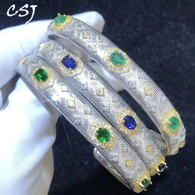 

CSJ Natural Tanzanite Bangle Sterling 925 Silver Emerald Tsavorite Sapphire Gems 1.5ct for Women Party Birthday Christmas Gift